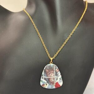 Rounded Triangular Cat Looking Out Window Pendant Necklace